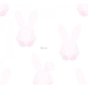 White wallpaper with pink bunnies