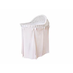 Post-display mobile wicker bassinet with light pink skirt