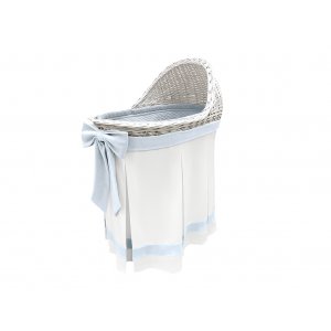 Mobile wicker bassinet with ecru skirt and blue bow