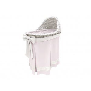 Mobile wicker bassinet with pink skirt and ecru bow