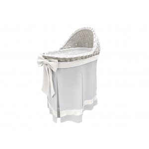 Mobile wicker bassinet with grey skirt and ecru bow