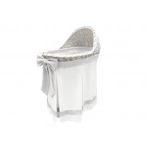 Mobile wicker bassinet with ecru skirt and grey bow