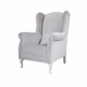 Grey armchair with emblem after photo session